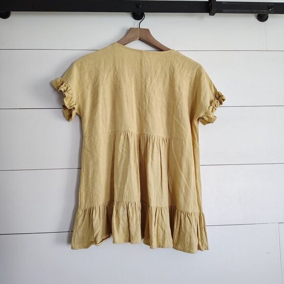 UMGEE Blouse Top Yellow Linen Blend Cottagecore Boho Peasant Lagenlook Small - Picture 3 of 7